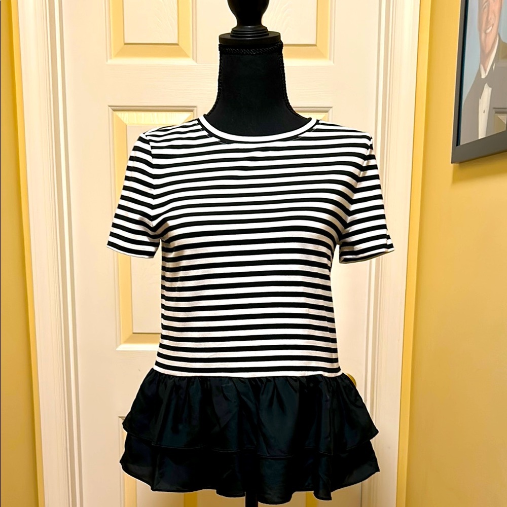 Kate Spade Black and White Striped Ruffle Hem Top